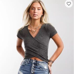 Gilded Intent Black & Gray Short Sleeve Wrap Top